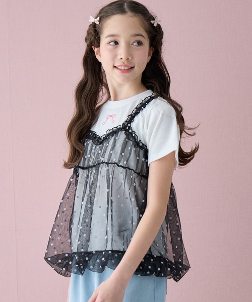 machatt ドットトップス キャミソールのセット セール】ドット柄チュールキャミソールドッキング半袖Tシャツ