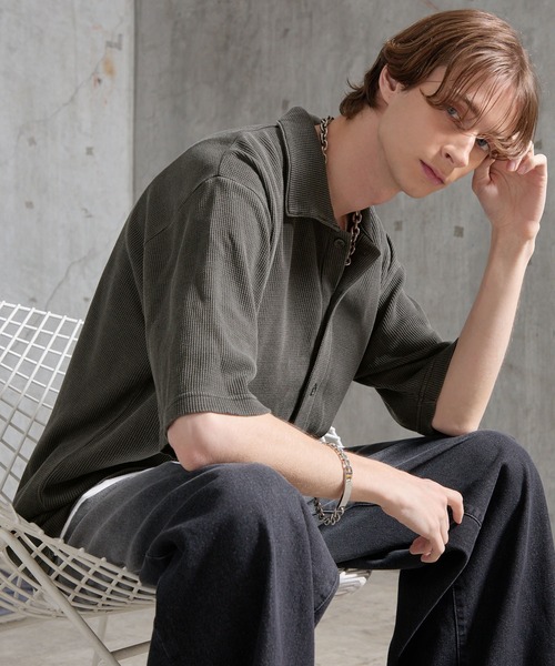 SERACE(セラス)の「【SERACE】Vintage waffle collared short sleeve cardigan / ヴィンテージワッフル襟付き半袖カーディガン(シャツ/ブラウス・メンズ・ブラック/グレー・M/L/S)」の11枚目の写真
