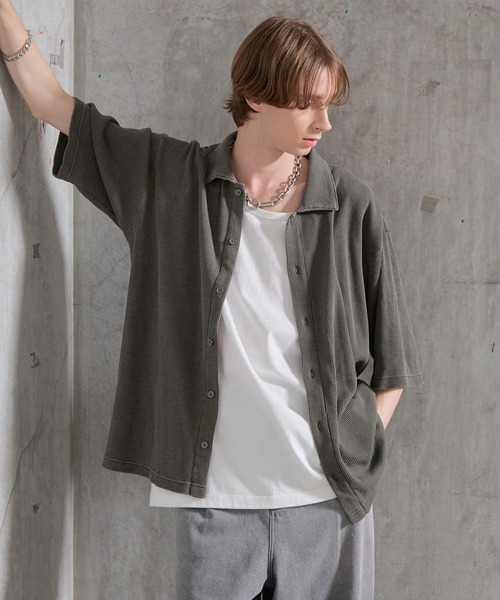 SERACE(セラス)の「【SERACE】Vintage waffle collared short sleeve cardigan / ヴィンテージワッフル襟付き半袖カーディガン(シャツ/ブラウス・メンズ・ブラック/グレー・M/L/S)」の12枚目の写真