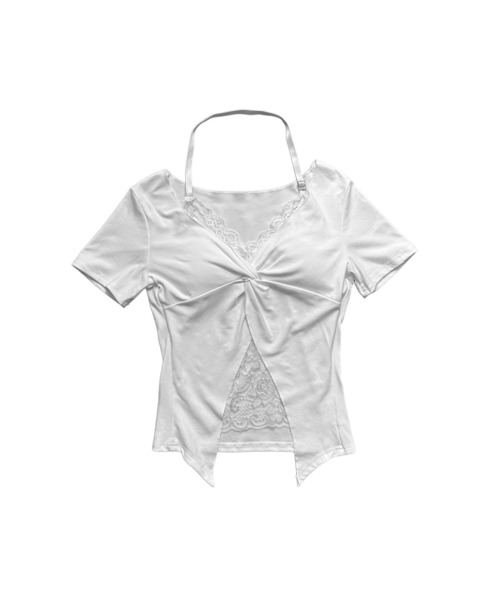 MATU:TA（マトゥータ）の「【ウエスト細見え】ツイストホルターレースTシャツ/レイヤード ストレッチ きれいめ 韓国 ナチュラル ２カラー ブラック ホワイト ショート丈 透け感 ガーリー（Tシャツ/カットソー・レディース・ホワイト/ブラック・FREE）」の16枚目の写真