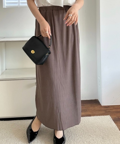 umune（ウムネ）の「タイトスカート ロング丈 マキシ丈 リブニット カットソー ウエストゴム ボトムス ストレート スリット 伸縮性 カジュアル（スカート・レディース・モカ/ブラック/テラコッタ・FREE）」の4枚目の写真
