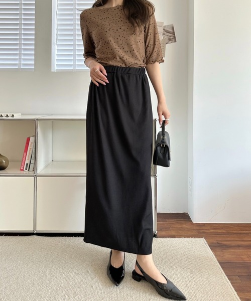 umune（ウムネ）の「タイトスカート ロング丈 マキシ丈 リブニット カットソー ウエストゴム ボトムス ストレート スリット 伸縮性 カジュアル（スカート・レディース・モカ/ブラック/テラコッタ・FREE）」の10枚目の写真