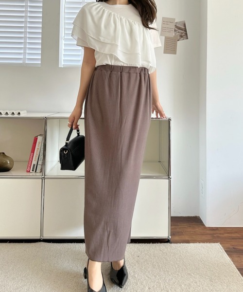 umune（ウムネ）の「タイトスカート ロング丈 マキシ丈 リブニット カットソー ウエストゴム ボトムス ストレート スリット 伸縮性 カジュアル（スカート・レディース・モカ/ブラック/テラコッタ・FREE）」の12枚目の写真