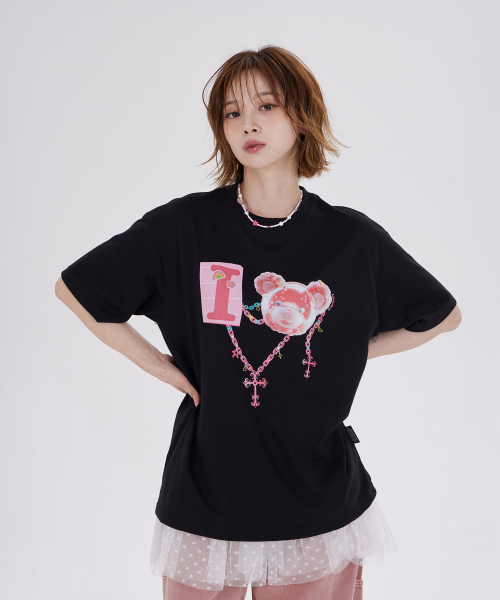 DYSFUNCT(ディスファンクト)の「I LOVE COTTON BEAR T-SHIRT(BLACK/PINK)(Tシャツ/カットソー・レディース・その他・SMALL/MEDIUM/LARGE)」の1枚目の写真
