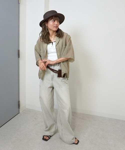 gossara（ゴサラ）の「【さらっと羽織れる軽やかさ】裾ドロスト開襟カラーシャツ（シャツ/ブラウス・レディース・チャコールグレー/ブラウン/ベージュ・FREE）」の11枚目の写真