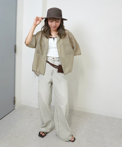gossara（ゴサラ）の「【さらっと羽織れる軽やかさ】裾ドロスト開襟カラーシャツ（シャツ/ブラウス・レディース・チャコールグレー/ブラウン/ベージュ・FREE）」の12枚目の写真