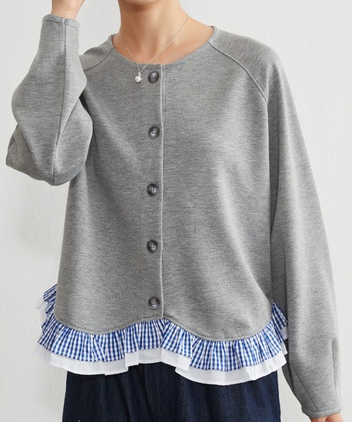 Sew loop(ソーループ)の「チェック柄裾フリルダンボールショートカーディガン(カーディガン/ボレロ・レディース・グレー/ブラック・FREE)」の1枚目の写真