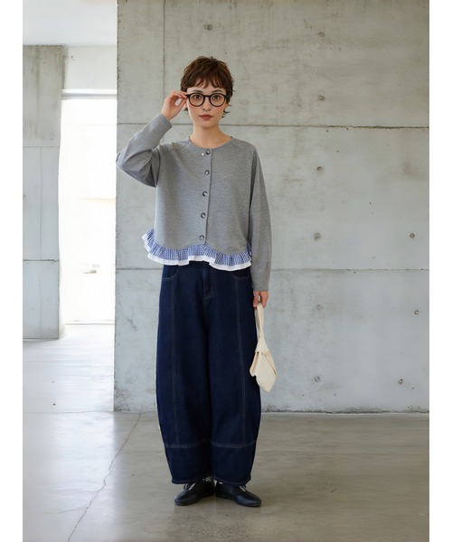 Sew loop(ソーループ)の「チェック柄裾フリルダンボールショートカーディガン(カーディガン/ボレロ・レディース・グレー/ブラック・FREE)」の6枚目の写真