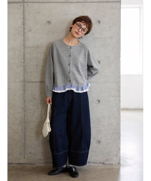 Sew loop(ソーループ)の「チェック柄裾フリルダンボールショートカーディガン(カーディガン/ボレロ・レディース・グレー/ブラック・FREE)」の7枚目の写真