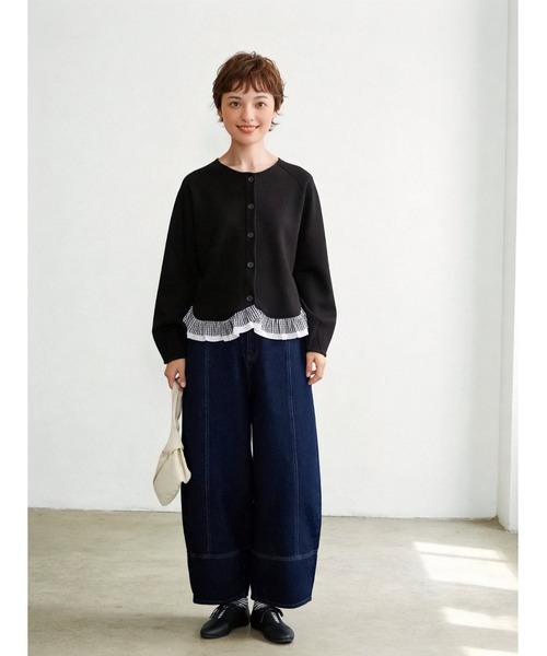Sew loop(ソーループ)の「チェック柄裾フリルダンボールショートカーディガン(カーディガン/ボレロ・レディース・グレー/ブラック・FREE)」の3枚目の写真