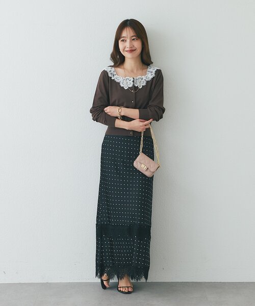 La boutique BonBon(ラブティックボンボン)の「【お気に入り総選挙3位!・最強愛されニット】スクエアネックレース付きカーディガン(カーディガン/ボレロ・レディース・ネイビー/ブラウン/オフホワイト/ボルドー・FREE)」の19枚目の写真