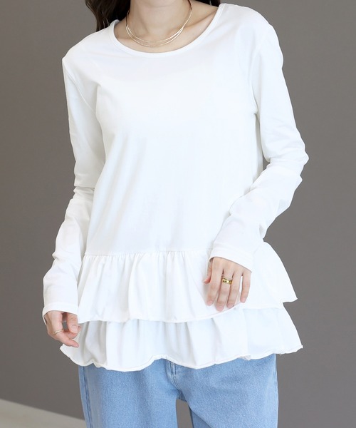 Aletta vita(アレッタビータ)の「スパン天竺裾フリル長袖プルオーバー(Tシャツ/カットソー・レディース・ブラック/オフホワイト・M)」の13枚目の写真
