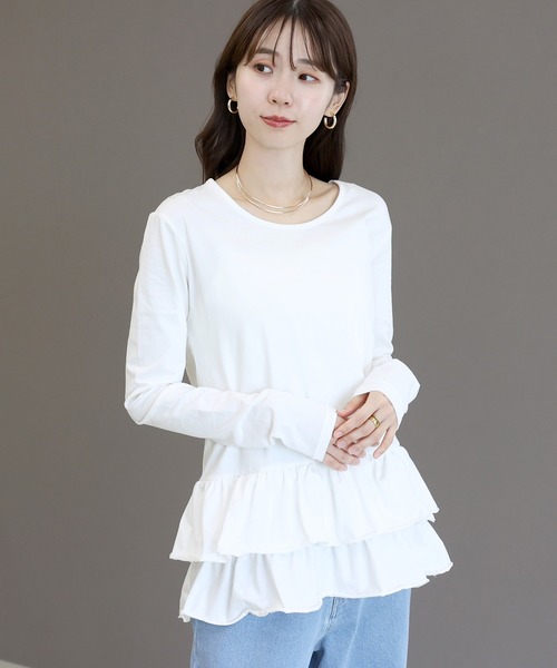 Aletta vita(アレッタビータ)の「スパン天竺裾フリル長袖プルオーバー(Tシャツ/カットソー・レディース・ブラック/オフホワイト・M)」の14枚目の写真