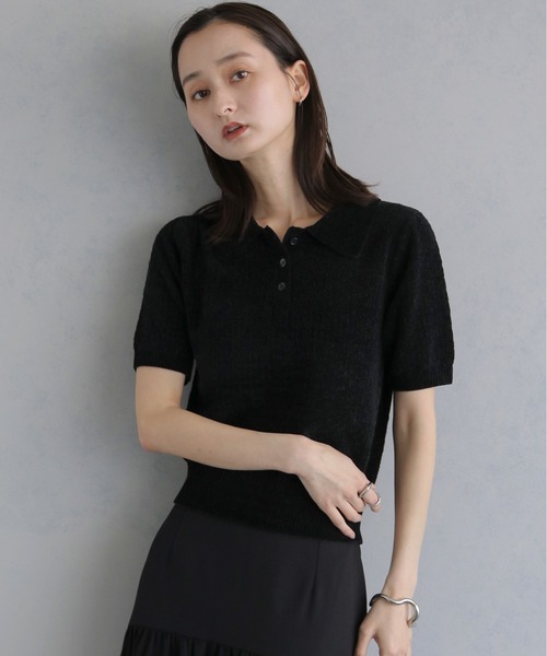 &g'aime（アンジェム）の「【&ｇ'aime 】モールヤーンカノコ編みポロニット　Chenille Moss Stitch Polo Knit（ポロシャツ・レディース・アイボリー/ブラウン/ブラック・FREE）」の3枚目の写真