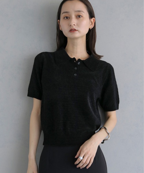 &g'aime（アンジェム）の「【&ｇ'aime 】モールヤーンカノコ編みポロニット　Chenille Moss Stitch Polo Knit（ポロシャツ・レディース・アイボリー/ブラウン/ブラック・FREE）」の4枚目の写真