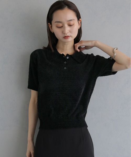 &g'aime（アンジェム）の「【&ｇ'aime 】モールヤーンカノコ編みポロニット　Chenille Moss Stitch Polo Knit（ポロシャツ・レディース・アイボリー/ブラウン/ブラック・FREE）」の5枚目の写真