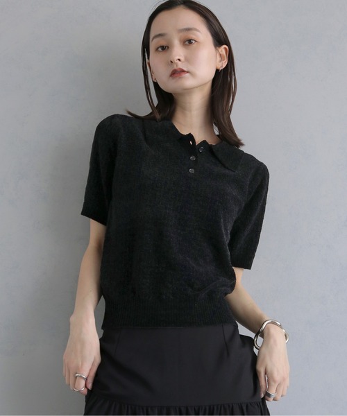 &g'aime（アンジェム）の「【&ｇ'aime 】モールヤーンカノコ編みポロニット　Chenille Moss Stitch Polo Knit（ポロシャツ・レディース・アイボリー/ブラウン/ブラック・FREE）」の6枚目の写真
