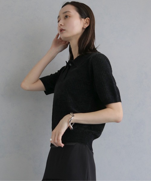 &g'aime（アンジェム）の「【&ｇ'aime 】モールヤーンカノコ編みポロニット　Chenille Moss Stitch Polo Knit（ポロシャツ・レディース・アイボリー/ブラウン/ブラック・FREE）」の7枚目の写真