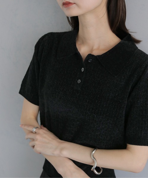 &g'aime（アンジェム）の「【&ｇ'aime 】モールヤーンカノコ編みポロニット　Chenille Moss Stitch Polo Knit（ポロシャツ・レディース・アイボリー/ブラウン/ブラック・FREE）」の9枚目の写真