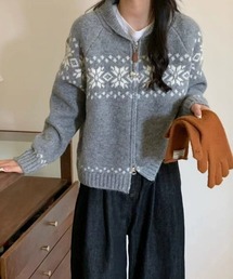 ノルディック柄 ハイネックニットジップカーディガン