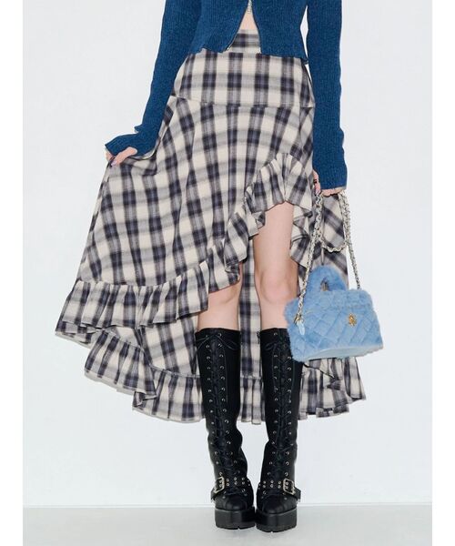 EVRIS(エヴリス)の「ランダムチェックアシンメトリースカート(スカート・レディース・グレー/ホワイト・SMALL/MEDIUM)」の1枚目の写真