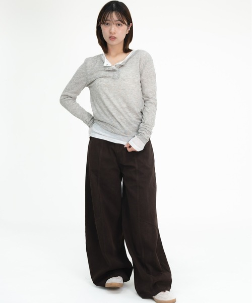 bashful base Oriental(バッシュフルベースオリエンタル)の「【bbO】シアーテレコヘンリーネックトップス(Tシャツ/カットソー・レディース・オフホワイト/ピンク/ライトブルー/ブラウン/グレー・FREE)」の7枚目の写真