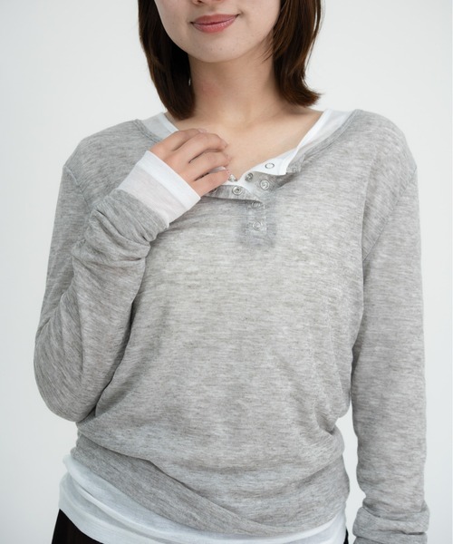 bashful base Oriental(バッシュフルベースオリエンタル)の「【bbO】シアーテレコヘンリーネックトップス(Tシャツ/カットソー・レディース・オフホワイト/ピンク/ライトブルー/ブラウン/グレー・FREE)」の17枚目の写真