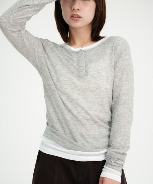 bashful base Oriental(バッシュフルベースオリエンタル)の「【bbO】シアーテレコヘンリーネックトップス(Tシャツ/カットソー・レディース・オフホワイト/ピンク/ライトブルー/ブラウン/グレー・FREE)」の18枚目の写真