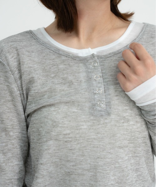 bashful base Oriental(バッシュフルベースオリエンタル)の「【bbO】シアーテレコヘンリーネックトップス(Tシャツ/カットソー・レディース・オフホワイト/ピンク/ライトブルー/ブラウン/グレー・FREE)」の19枚目の写真