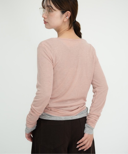 bashful base Oriental(バッシュフルベースオリエンタル)の「【bbO】シアーテレコヘンリーネックトップス(Tシャツ/カットソー・レディース・オフホワイト/ピンク/ライトブルー/ブラウン/グレー・FREE)」の21枚目の写真