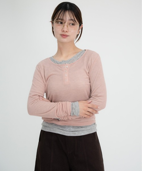 bashful base Oriental(バッシュフルベースオリエンタル)の「【bbO】シアーテレコヘンリーネックトップス(Tシャツ/カットソー・レディース・オフホワイト/ピンク/ライトブルー/ブラウン/グレー・FREE)」の22枚目の写真
