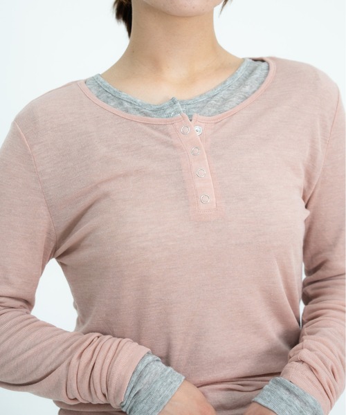bashful base Oriental(バッシュフルベースオリエンタル)の「【bbO】シアーテレコヘンリーネックトップス(Tシャツ/カットソー・レディース・オフホワイト/ピンク/ライトブルー/ブラウン/グレー・FREE)」の8枚目の写真