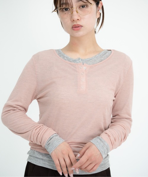 bashful base Oriental(バッシュフルベースオリエンタル)の「【bbO】シアーテレコヘンリーネックトップス(Tシャツ/カットソー・レディース・オフホワイト/ピンク/ライトブルー/ブラウン/グレー・FREE)」の11枚目の写真