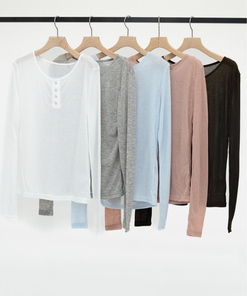 bashful base Oriental(バッシュフルベースオリエンタル)の「【bbO】シアーテレコヘンリーネックトップス(Tシャツ/カットソー・レディース・オフホワイト/ピンク/ライトブルー/ブラウン/グレー・FREE)」の6枚目の写真