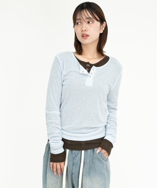 bashful base Oriental(バッシュフルベースオリエンタル)の「【bbO】シアーテレコヘンリーネックトップス(Tシャツ/カットソー・レディース・オフホワイト/ピンク/ライトブルー/ブラウン/グレー・FREE)」の9枚目の写真