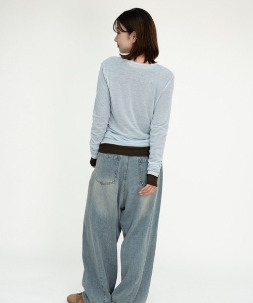 bashful base Oriental(バッシュフルベースオリエンタル)の「【bbO】シアーテレコヘンリーネックトップス(Tシャツ/カットソー・レディース・オフホワイト/ピンク/ライトブルー/ブラウン/グレー・FREE)」の13枚目の写真