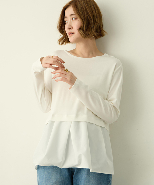 Petit Honfleur（プチオンフルール）の「タックレイヤードロングスリーブTシャツ【無地・ストライプ】（Tシャツ/カットソー・レディース・サックスブルー/ホワイト・M/L）」の4枚目の写真