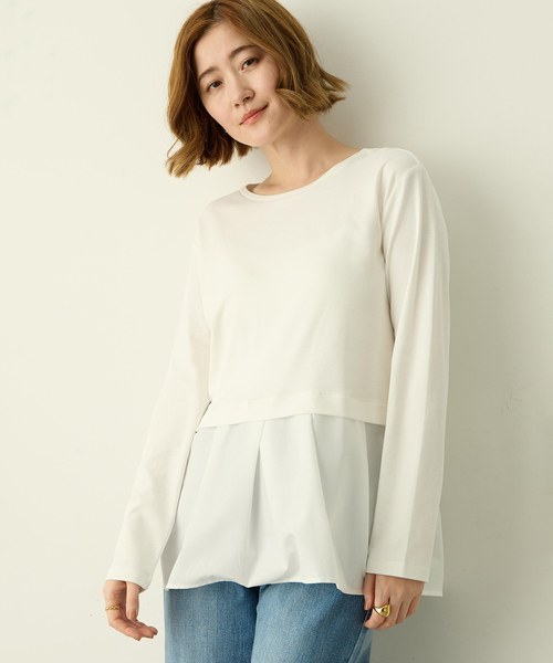 Petit Honfleur（プチオンフルール）の「タックレイヤードロングスリーブTシャツ【無地・ストライプ】（Tシャツ/カットソー・レディース・サックスブルー/ホワイト・M/L）」の6枚目の写真
