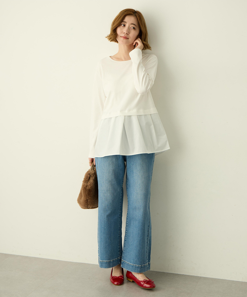 Petit Honfleur（プチオンフルール）の「タックレイヤードロングスリーブTシャツ【無地・ストライプ】（Tシャツ/カットソー・レディース・サックスブルー/ホワイト・M/L）」の17枚目の写真