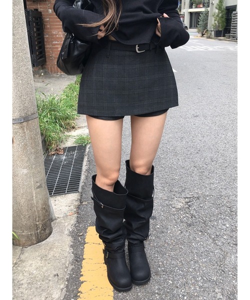 modimood(モディムード)の「サイドスリットチェック柄ミニスカートパンツ+ベルトセット(スカート・レディース・チャコール・SMALL/MEDIUM)」の9枚目の写真