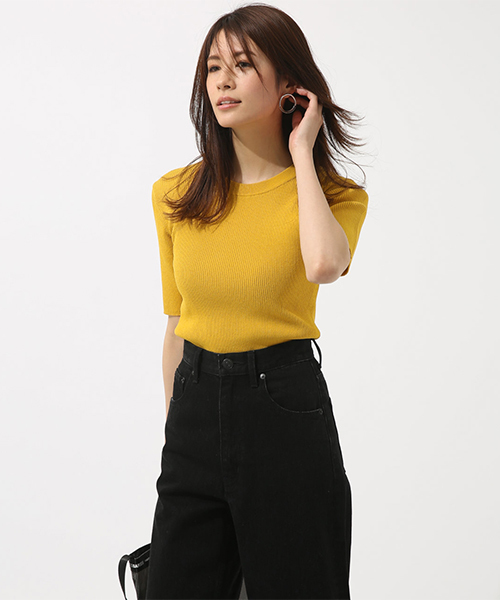 AZUL by moussy（アズールバイマウジー）の「ボーダー5分袖ニットプルオーバー（ニット/セーター・レディース・ブルー系その他/ホワイト系その他/イエロー系その他/ブラック・MEDIUM/SMALL）」の6枚目の写真