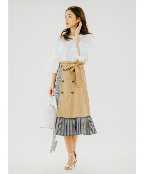 Re.Verofonna(ヴェロフォンナ)の「チェック切替トレンチプリーツスカート(スカート)」|ベージュ