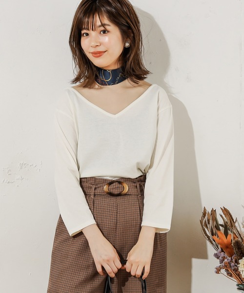 natural couture(ナチュラルクチュール)の「スカーフ付き2WAYTシャツ(Tシャツ/カットソー・レディース・ダークブラウン/ネイビー×ホワイト/オフホワイト/ブラック・FREE)」の11枚目の写真
