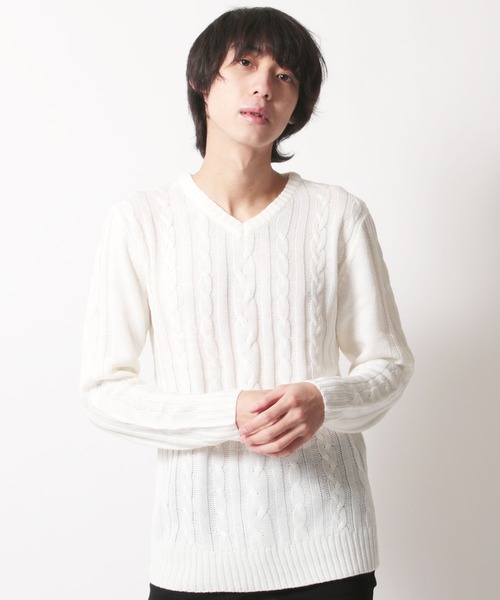 SHISKY(シスキー)の「ケーブル編みVネックアクリルニット(ニット/セーター・メンズ・O/P/M/N/K/L/I/J/G/H/E/F/C/D/A/B・M/L/LL)」の3枚目の写真