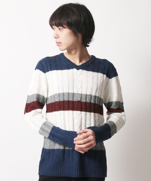 SHISKY(シスキー)の「ケーブル編みVネックアクリルニット(ニット/セーター・メンズ・O/P/M/N/K/L/I/J/G/H/E/F/C/D/A/B・M/L/LL)」の1枚目の写真