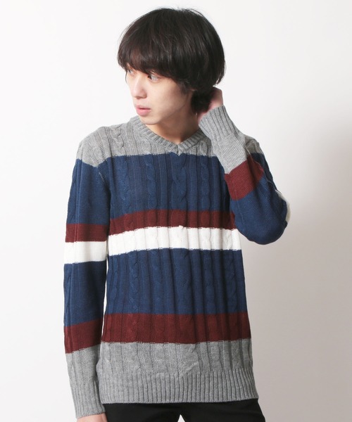 SHISKY(シスキー)の「ケーブル編みVネックアクリルニット(ニット/セーター・メンズ・O/P/M/N/K/L/I/J/G/H/E/F/C/D/A/B・M/L/LL)」の12枚目の写真