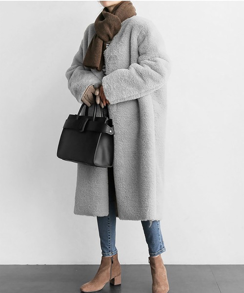 フェイクファーノーカラーロングコート フェイクファーノーカラーロングコート