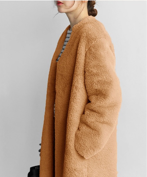 Ritzy（リッツィー）の「フェイクファーノーカラーロングコート（チェスターコート・レディース・レオパード/ベージュ/ピンク/グレー/オフホワイト/パープル/イエロー/グリーン・M/L）」の9枚目の写真