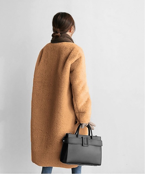 セール】フェイクファーノーカラーロングコート（チェスターコート