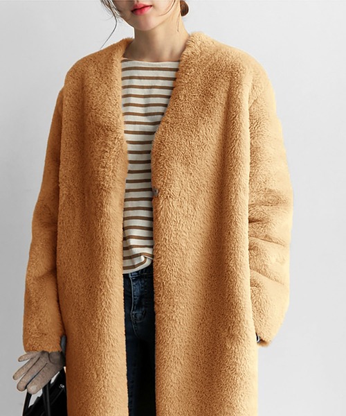 Ritzy（リッツィー）の「フェイクファーノーカラーロングコート（チェスターコート・レディース・レオパード/ベージュ/ピンク/グレー/オフホワイト/パープル/イエロー/グリーン・M/L）」の11枚目の写真